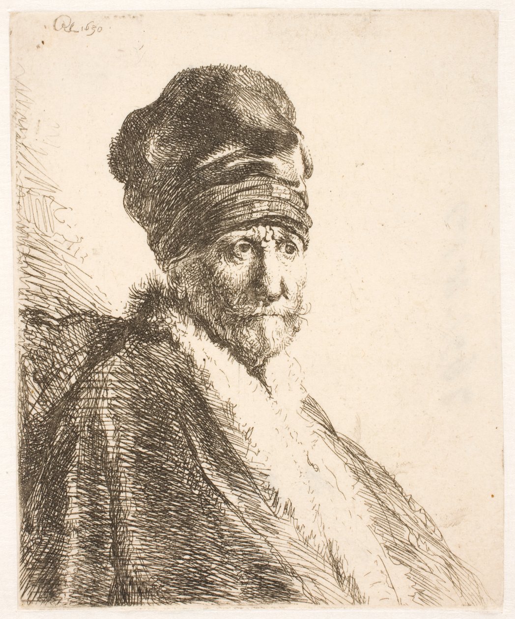 Miehen (Rembrandtin isä) rintakuva, jolla on korkea lakki, kolmen neljäsosan profiili tekijältä Rembrandt van Rijn