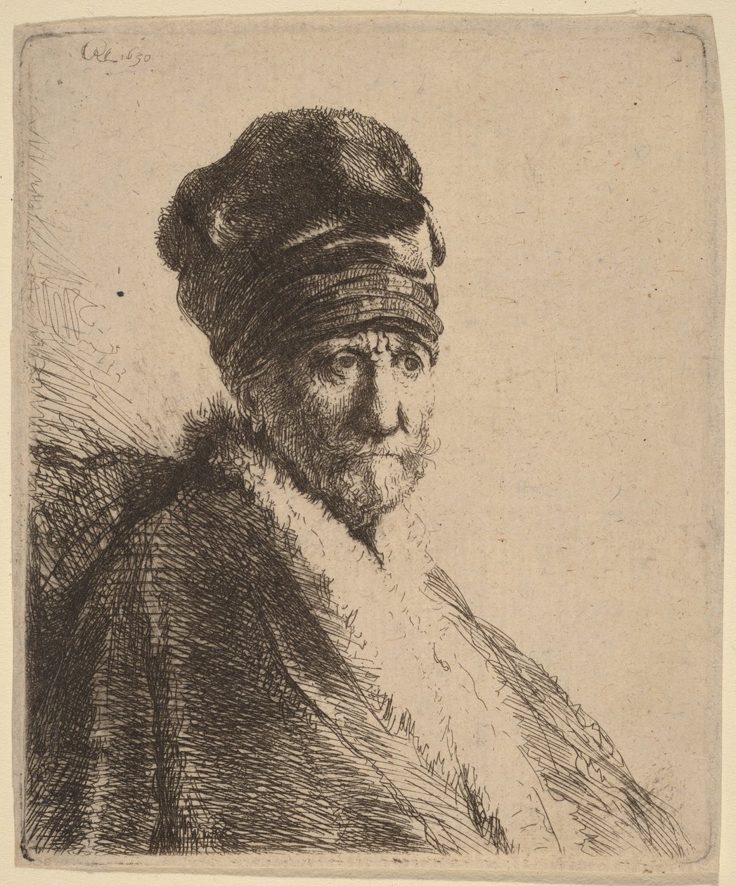 Korkean lippalakin päässään pitävän miehen rintakuva, kolme neljäsosaa oikealta (taiteilijan isä) tekijältä Rembrandt van Rijn