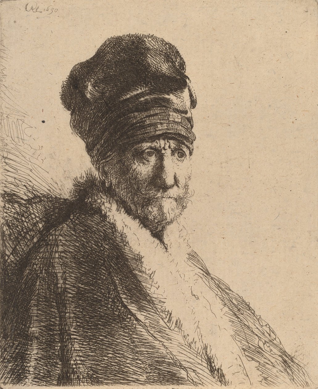 Miehen rintakuva, jolla on korkea lippalakki, kolme neljäsosaa oikealta Taiteilijan isä, 1630. tekijältä Rembrandt van Rijn