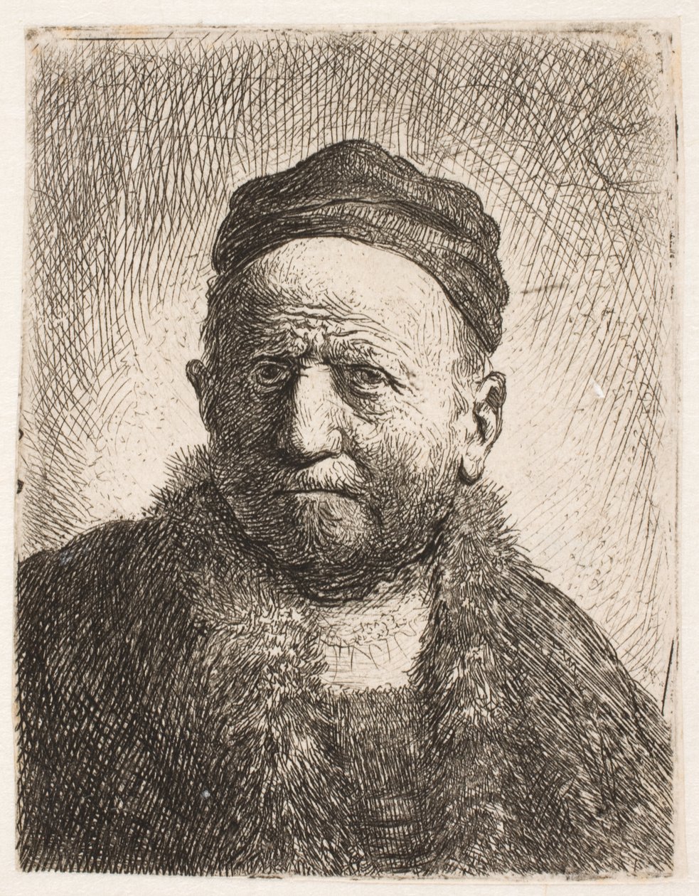 Miehen (Rembrandtin isän) rintakuva, kasvot suoraan kohti katsojaa, päällään tiukka lakki tekijältä Rembrandt van Rijn