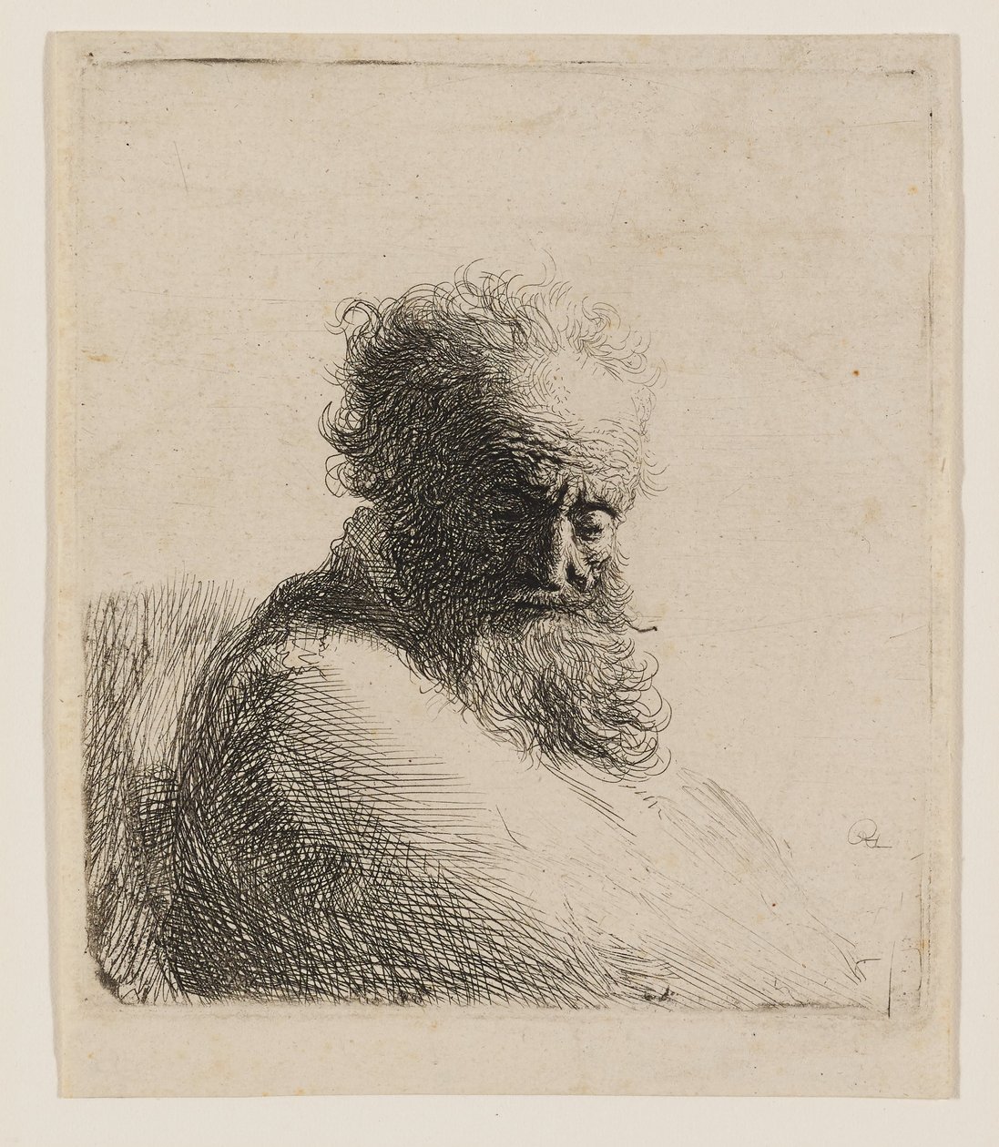Pääkuva vanhasta, parrakkaasta miehestä, joka katsoo alaspäin, kolmen neljäsosan profiilissa oikealle tekijältä Rembrandt van Rijn