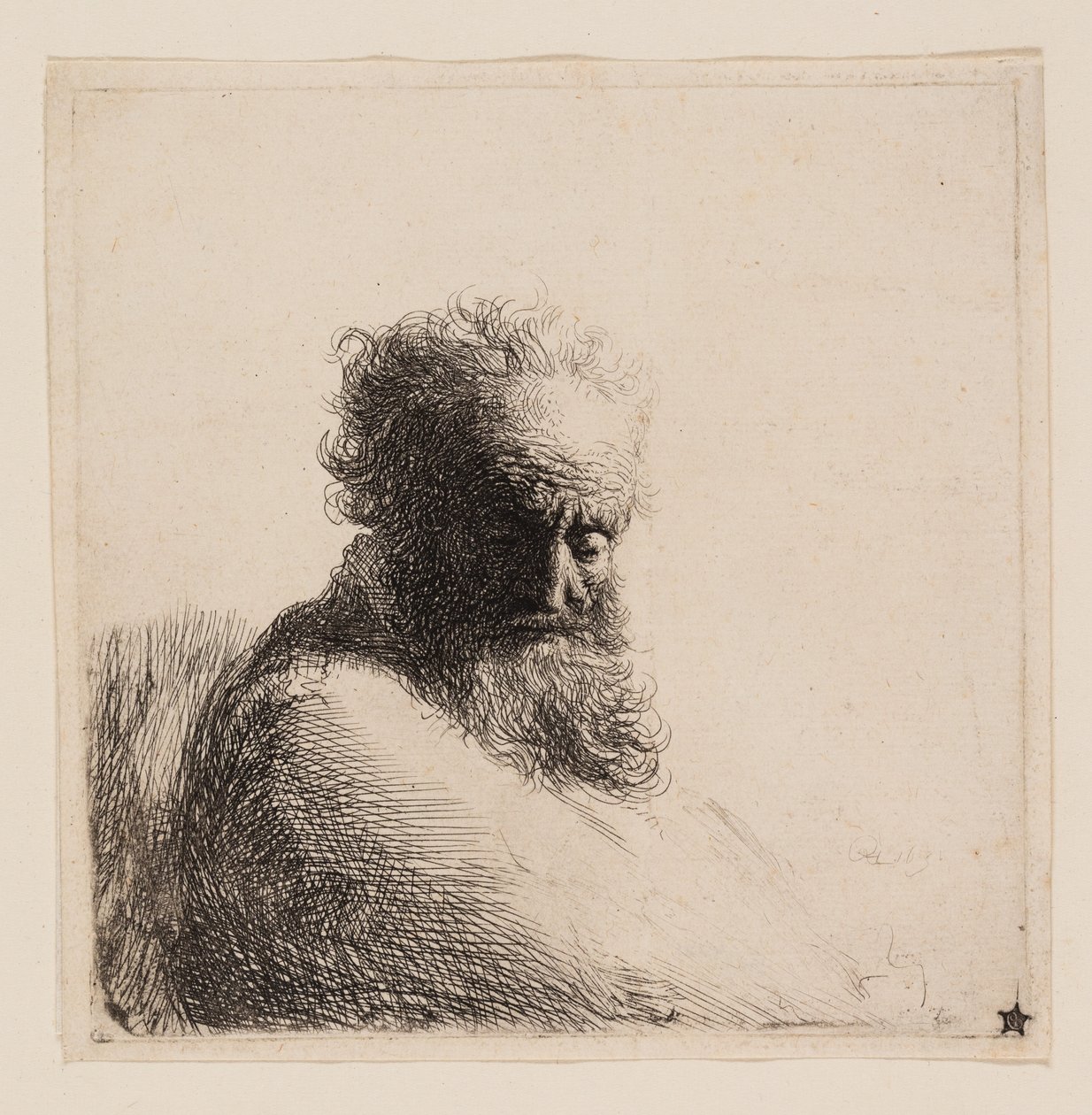 Vanhan parrakkaan miehen rintakuva, joka katsoo alas, kolme neljäsosaa oikealta tekijältä Rembrandt van Rijn