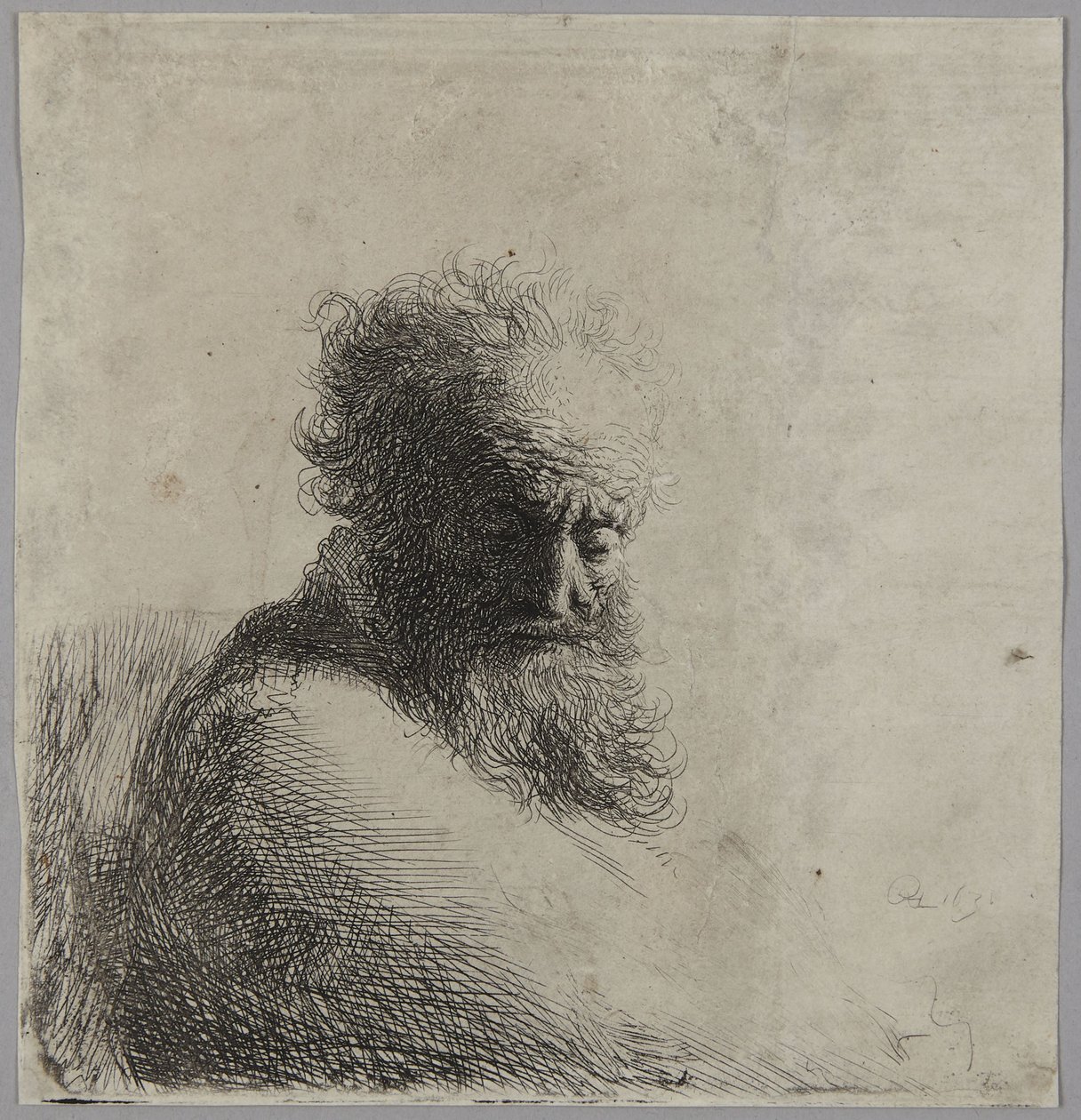 Vanhan miehen rintakuva, katse alaspäin, kolmen neljäsosan profiili oikealle tekijältä Rembrandt van Rijn