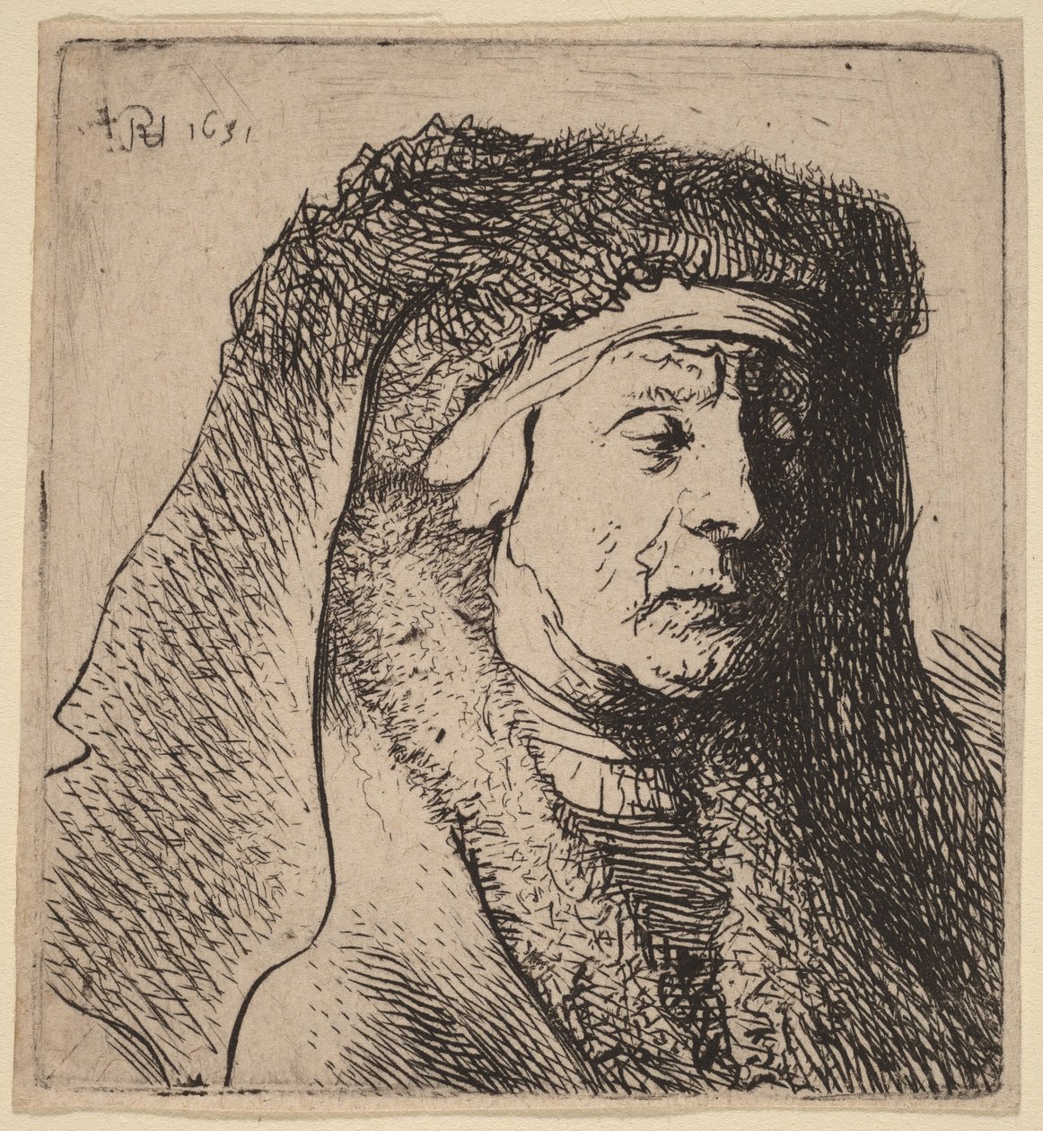 Vanhan naisen rintakuva, jolla on turkinen viitta ja raskas päähine tekijältä Rembrandt van Rijn
