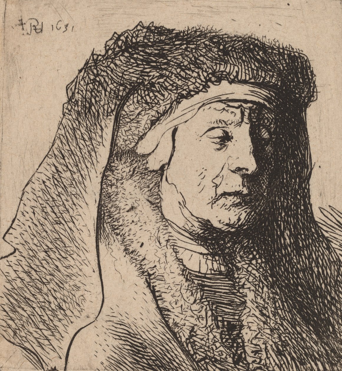 Vanhan naisen rintakuva karvaisessa viitassa ja raskaassa päähineessä, 1631. tekijältä Rembrandt van Rijn