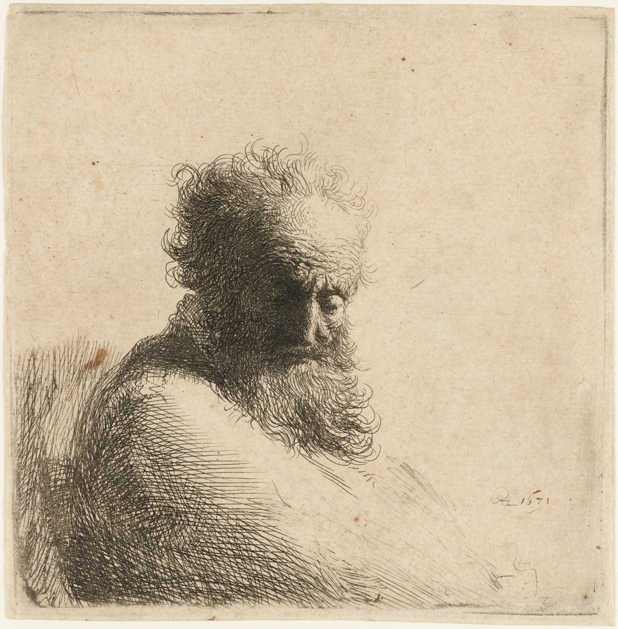Alaspäin katsovan vanhan parrakkaan miehen rintakuva, kolme neljäsosaa oikealta, 1631. tekijältä Rembrandt van Rijn