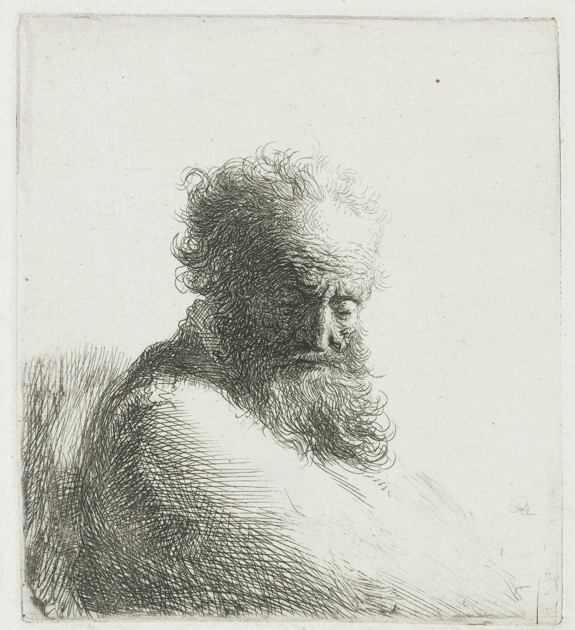 Vanhan parrakkaan miehen rintakuva alaspäin katsoen, kolme neljäsosaa oikealta tekijältä Rembrandt van Rijn
