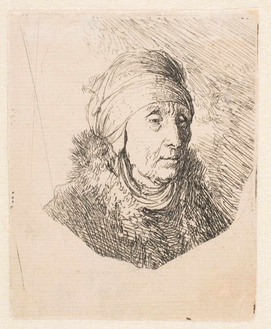 Vanhan naisen rintakuva, jolla on korkea, leuan ympärille sidottu päähine tekijältä Rembrandt van Rijn