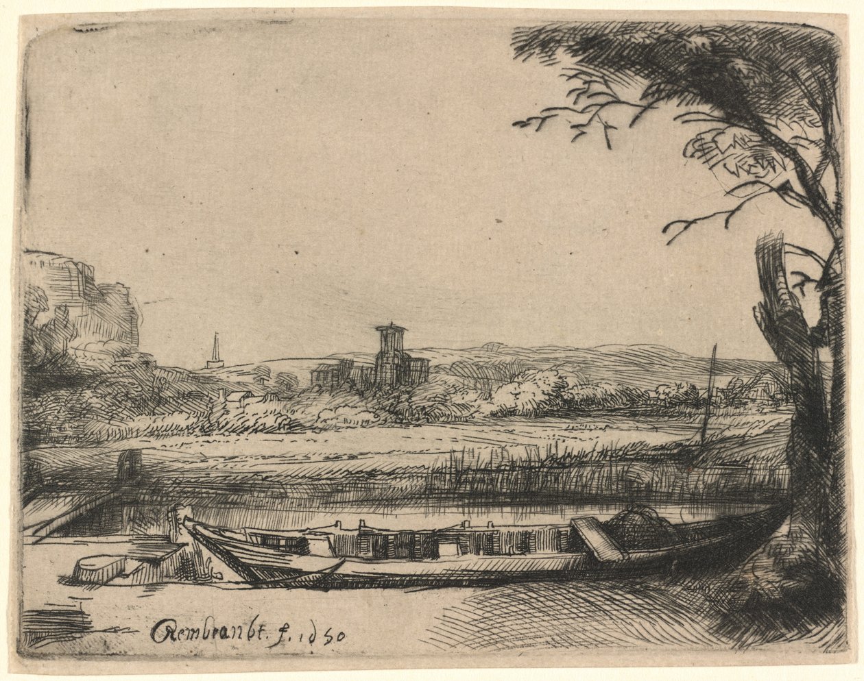 Kanava, jossa on suuri vene ja silta tekijältä Rembrandt van Rijn