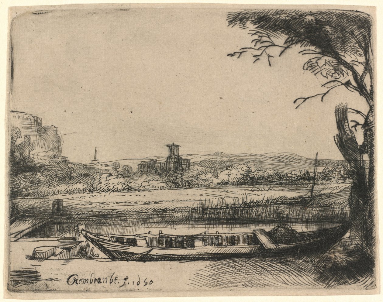 Kanava, jossa on suuri vene ja silta tekijältä Rembrandt van Rijn