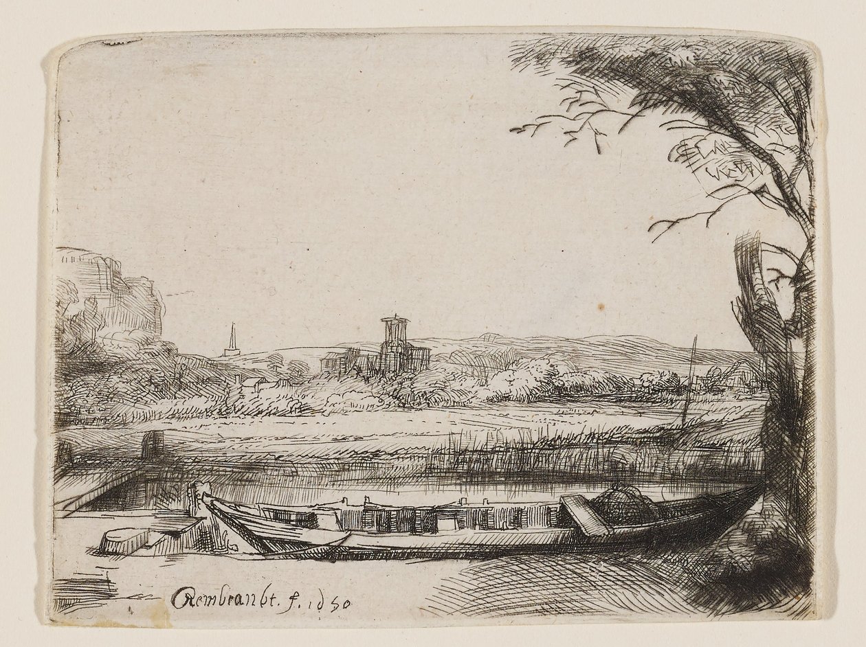 Kanava, jossa on suuri vene ja silta tekijältä Rembrandt van Rijn