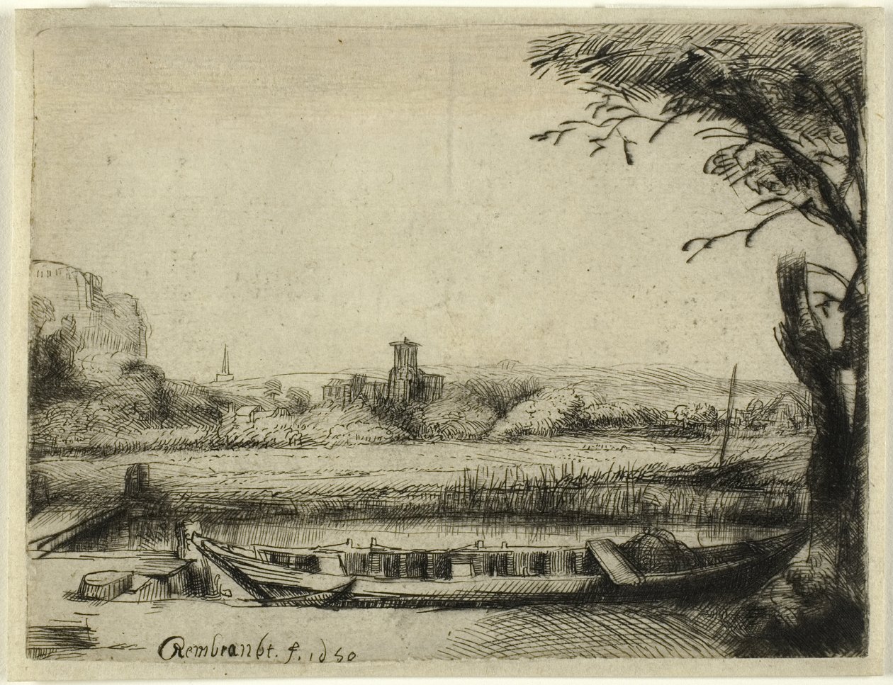 Kanava, jossa on suuri vene ja silta tekijältä Rembrandt van Rijn