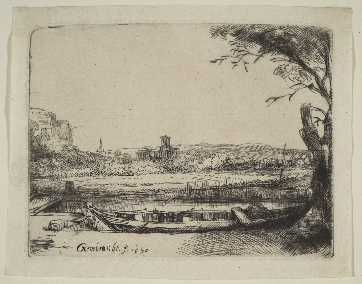 Kanava suurella veneellä ja sillalla, 1650. tekijältä Rembrandt van Rijn