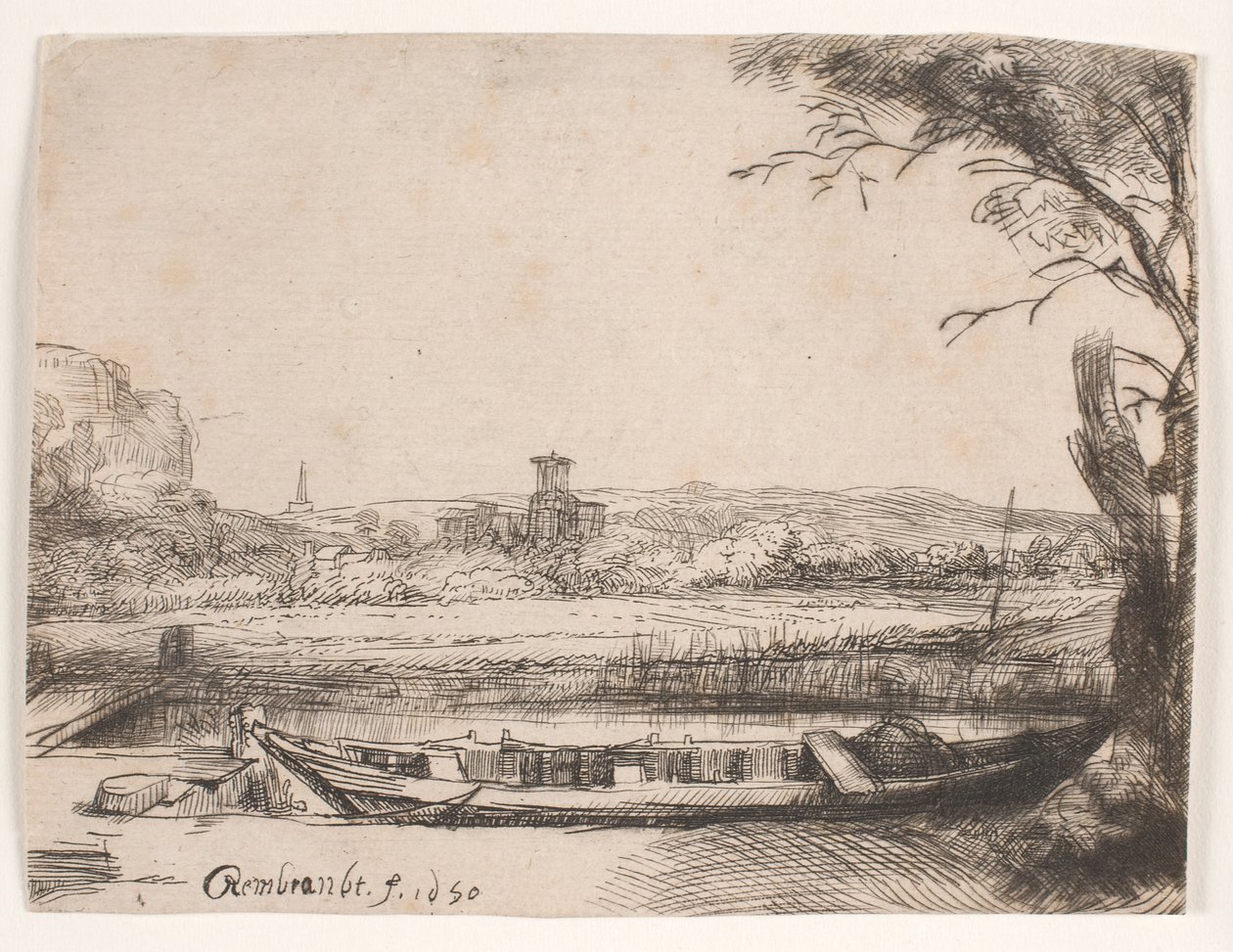Kanava, jossa on suuri vene ja silta tekijältä Rembrandt van Rijn