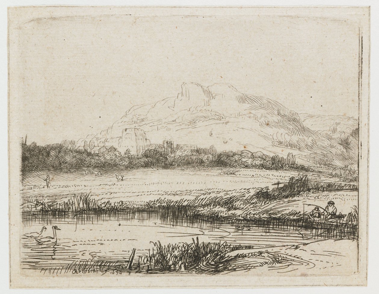 Kanava onkijan ja kahden joutsenen kanssa Kanava onkija ja kaksi joutsenta tekijältä Rembrandt van Rijn