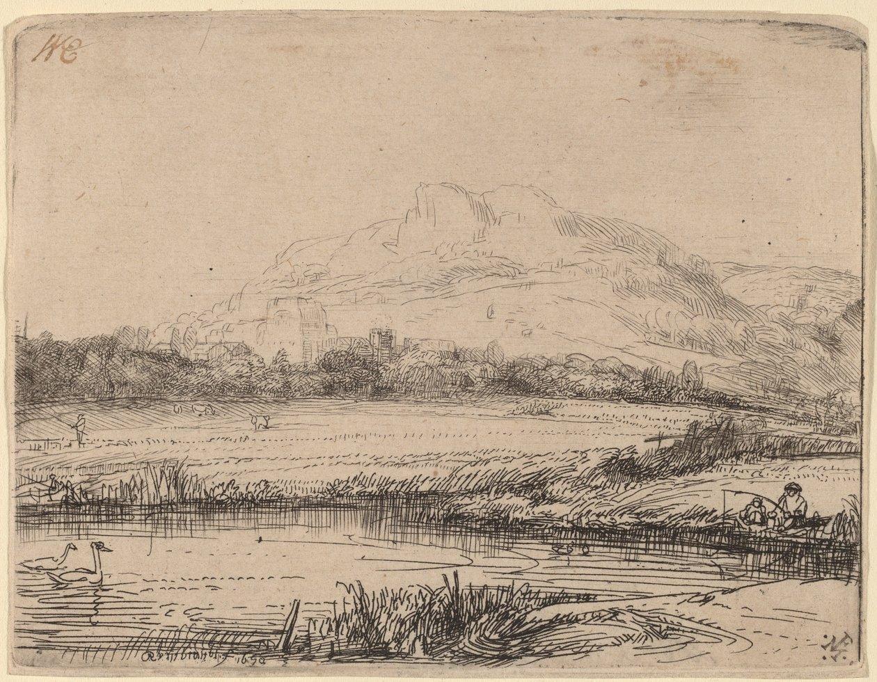 Kanava onkijan ja kahden joutsenen kanssa tekijältä Rembrandt van Rijn