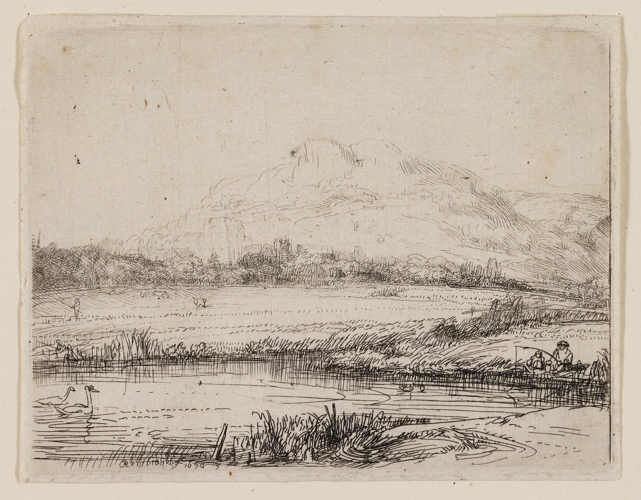 Kanava onkijan ja kahden joutsenen kanssa tekijältä Rembrandt van Rijn