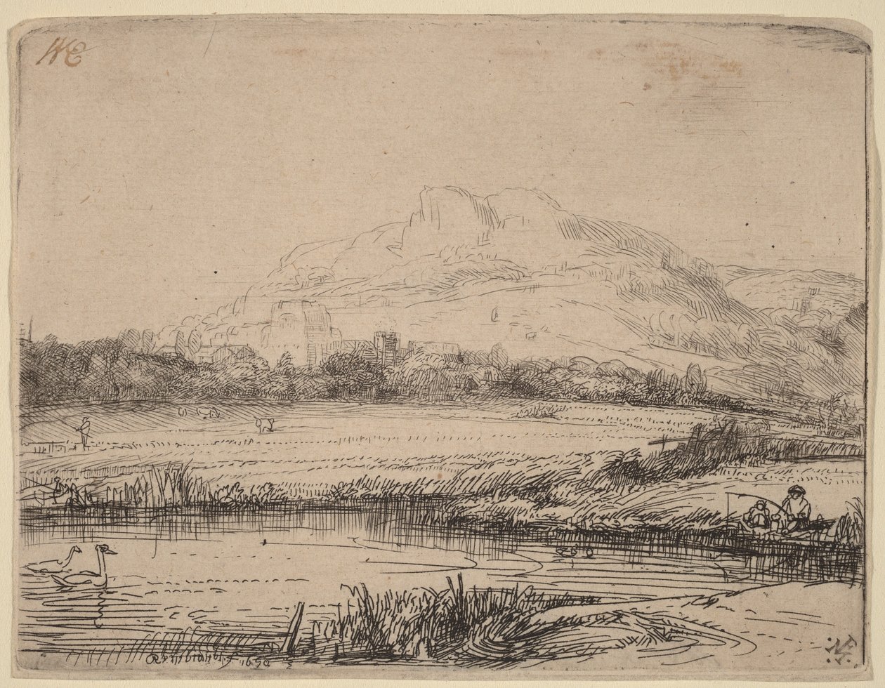 Kanava, jossa on kalastaja ja kaksi joutsenia tekijältä Rembrandt van Rijn