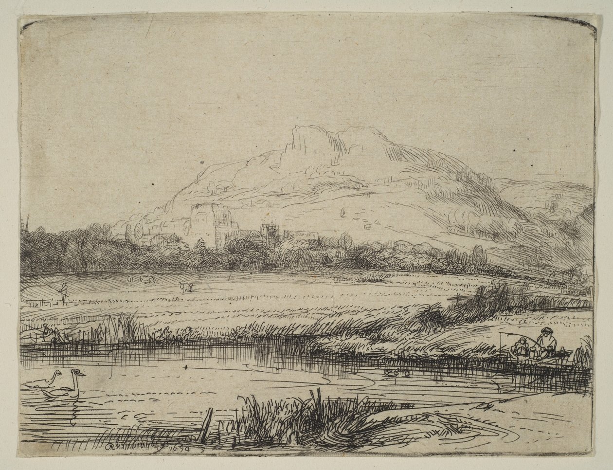 Kanava onkijan ja kahden joutsenen kanssa, 1650. tekijältä Rembrandt van Rijn