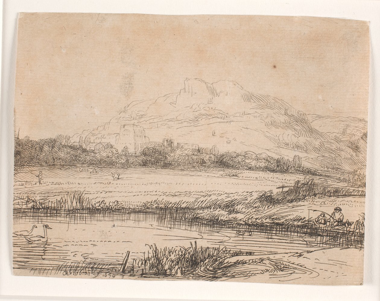 Kanava, jossa on kalastaja ja kaksi joutsenia tekijältä Rembrandt van Rijn