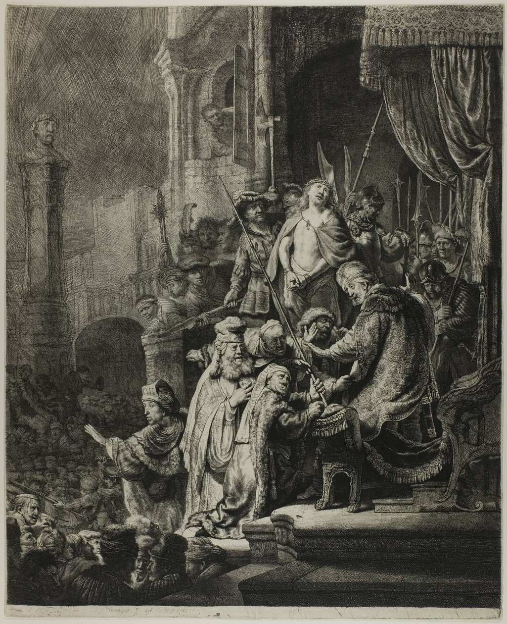 Kristus Pilatuksen edessä: Iso lautanen tekijältä Rembrandt van Rijn