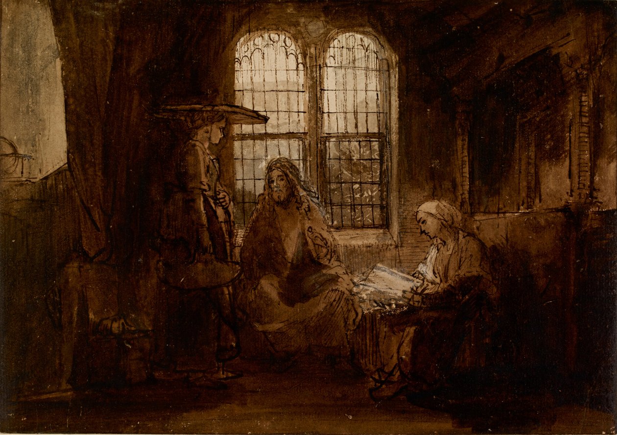 Kristus keskustelee Martan ja Marian kanssa, noin 1652 tekijältä Rembrandt van Rijn