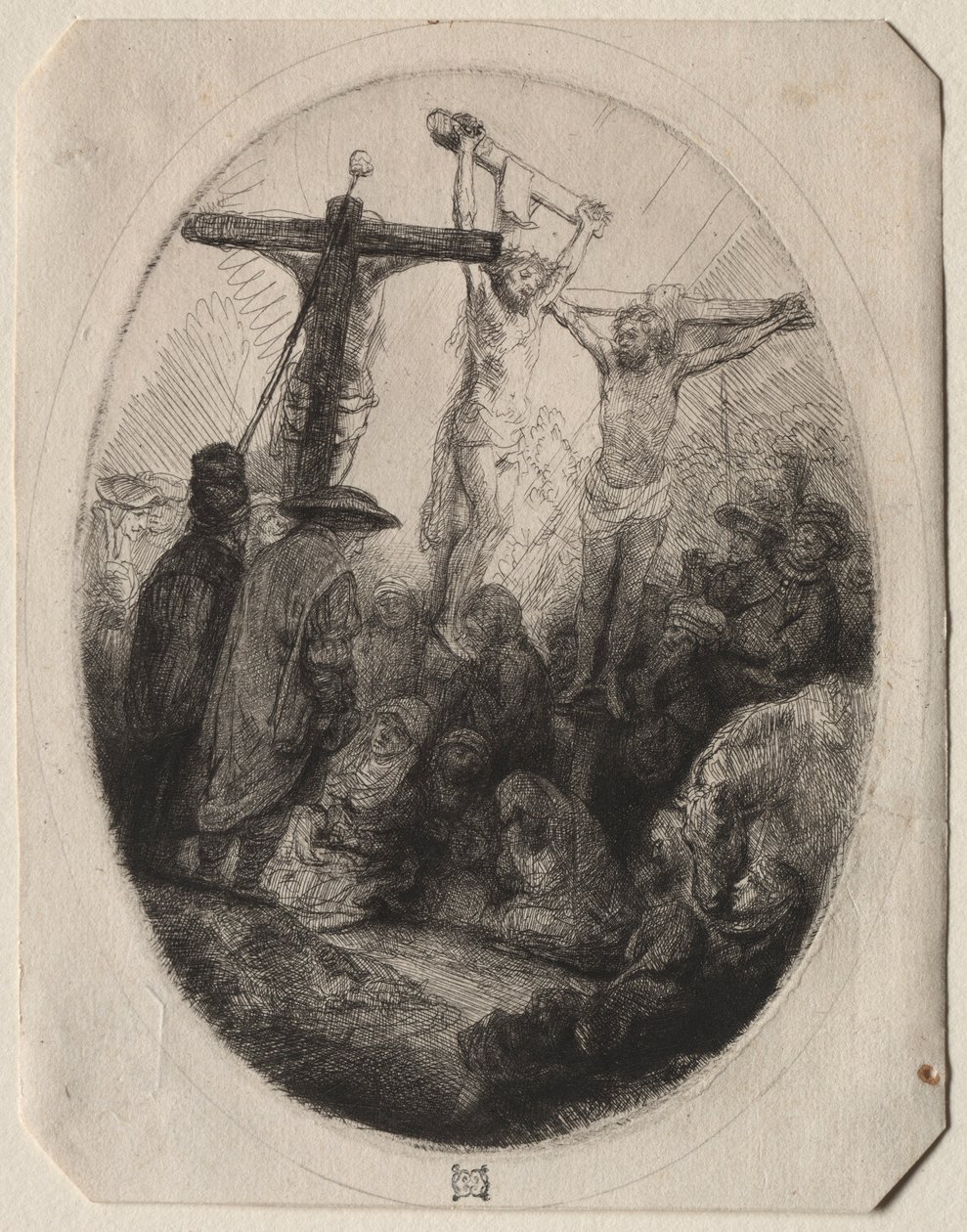 Kristus ristiinnaulittu kahden varkaan väliin: soikea lautanen, n. 1641. tekijältä Rembrandt van Rijn