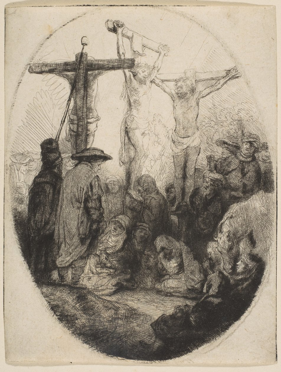 Kristus ristiinnaulittu kahden varkaan väliin, soikea levy, n. 1641. tekijältä Rembrandt van Rijn