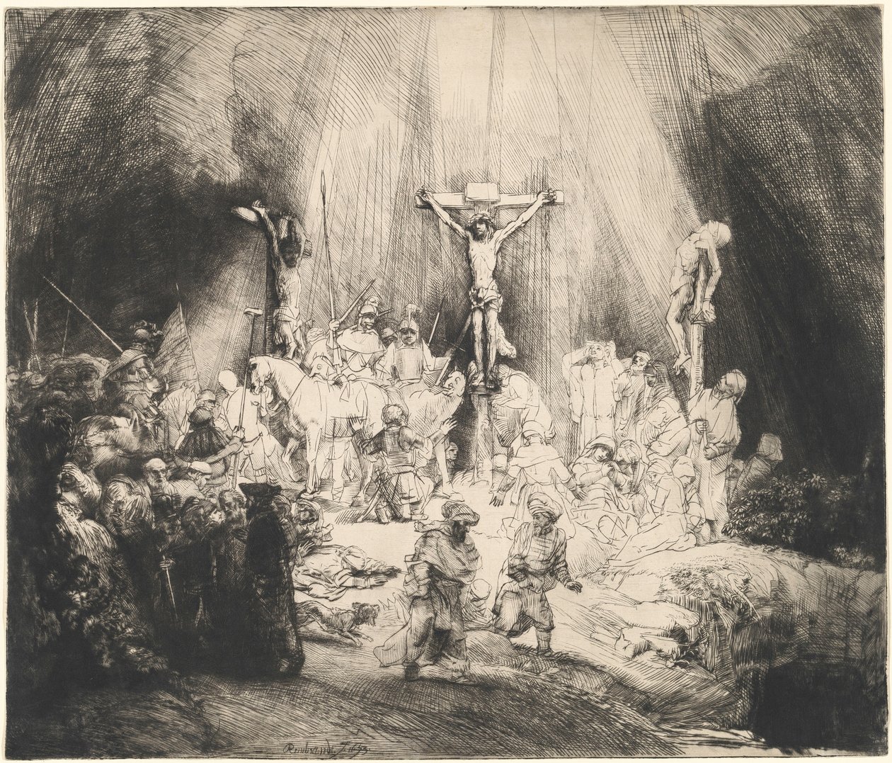 Ristiinnaulittu Kristus kahden varkaan välissä (Kolme ristiä) tekijältä Rembrandt van Rijn
