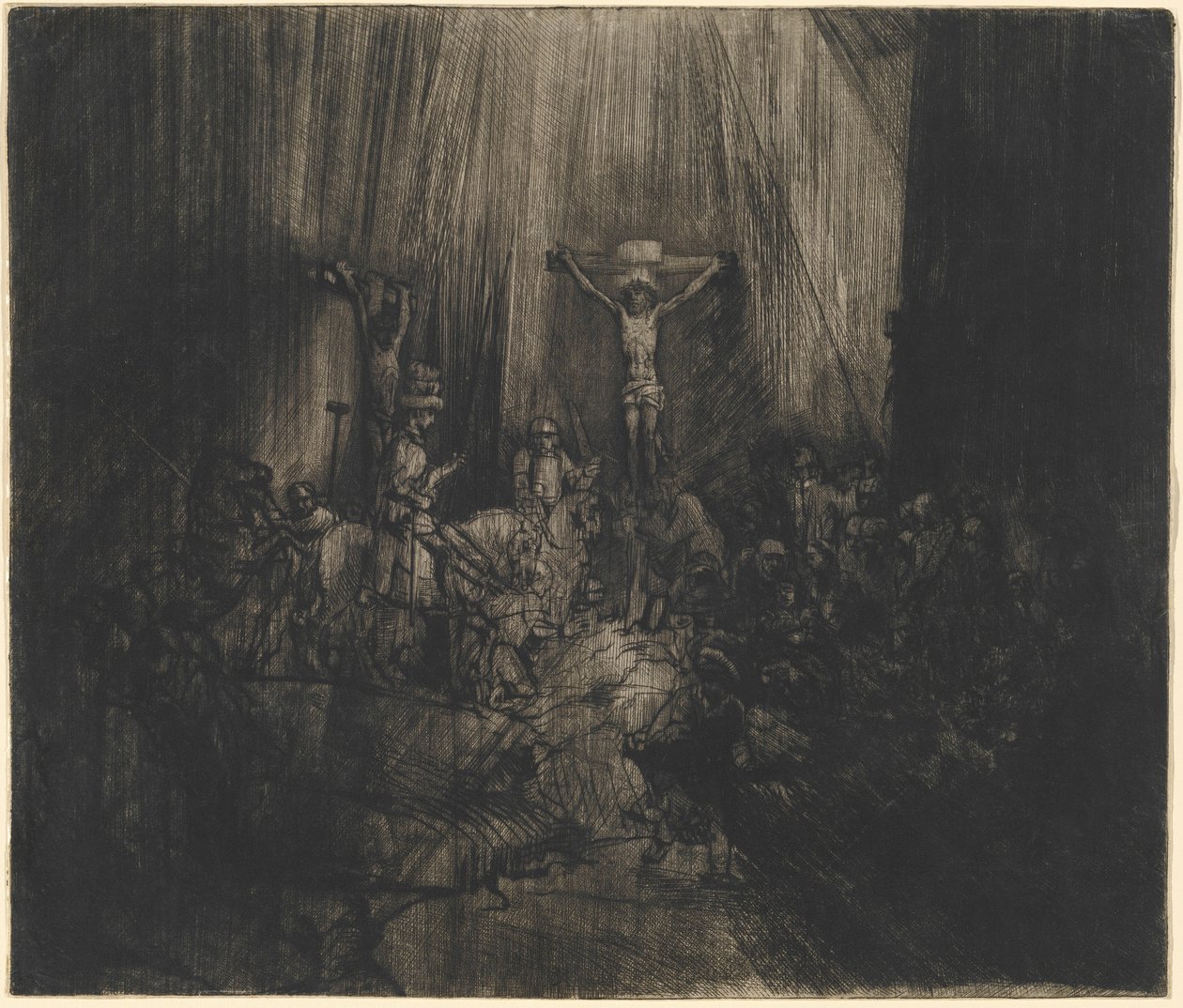 Ristiinnaulittu Kristus kahden varkaan välissä (Kolme ristiä) tekijältä Rembrandt van Rijn