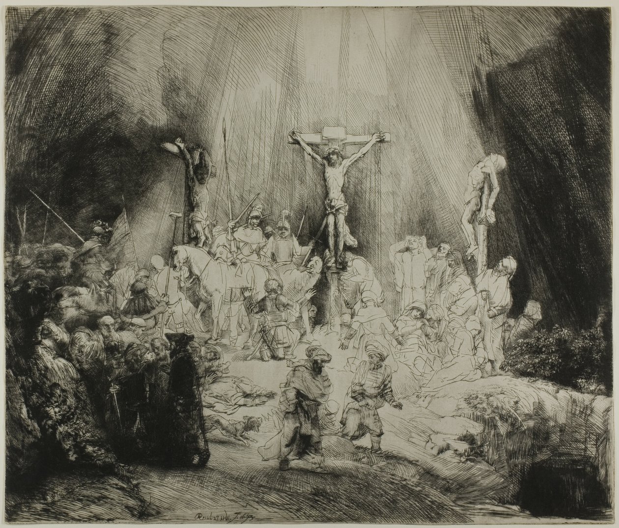 Kristus ristiinnaulittu kahden varkaan väliin: "Kolme ristiä" tekijältä Rembrandt van Rijn