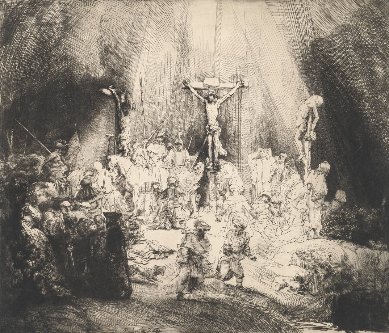 Kristus ristiinnaulittu kahden varkaan väliin Kolme ristiä, 1653. tekijältä Rembrandt van Rijn