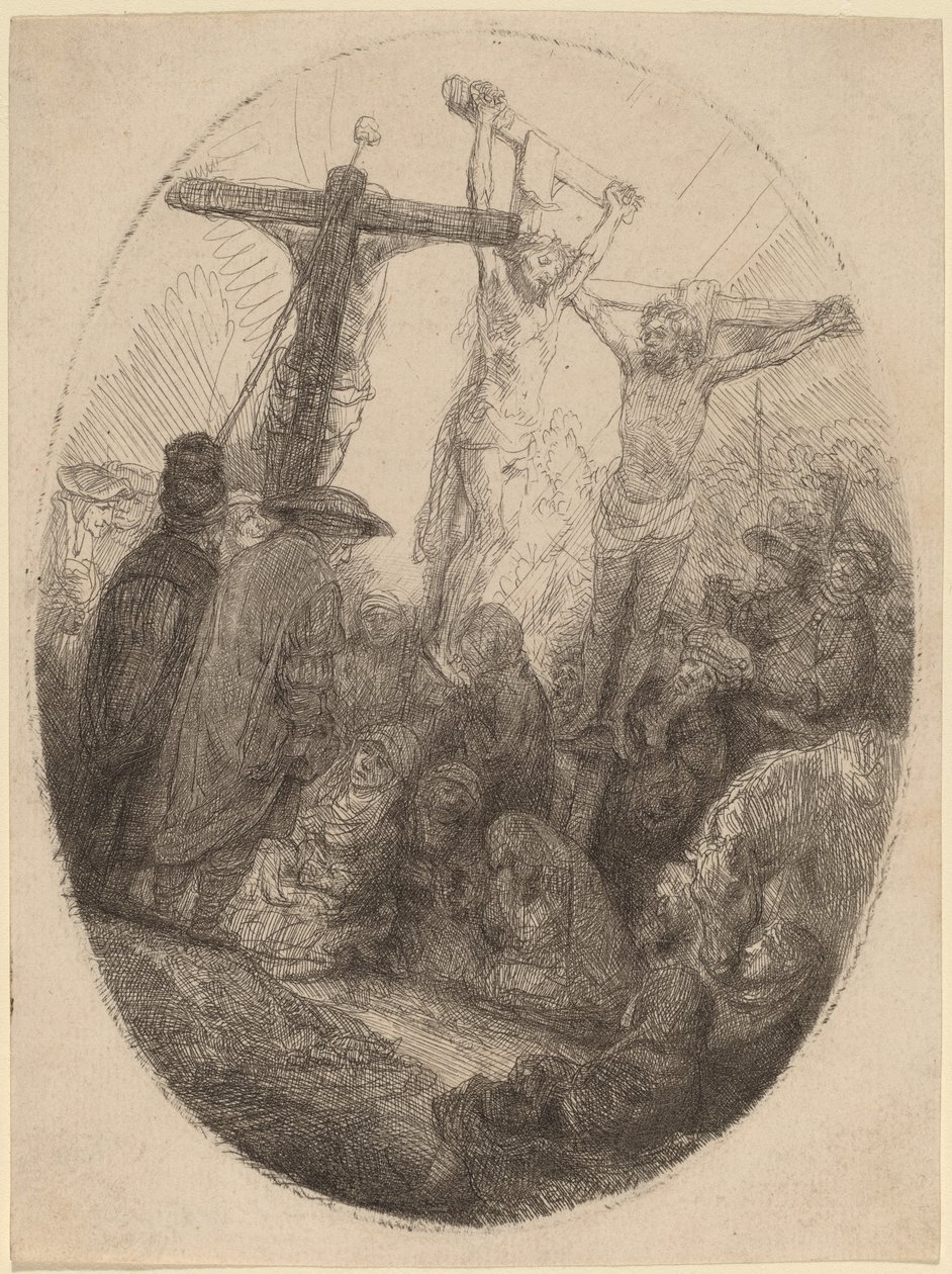 Kristus ristiinnaulittu kahden varkaan väliin: soikea lautanen tekijältä Rembrandt van Rijn