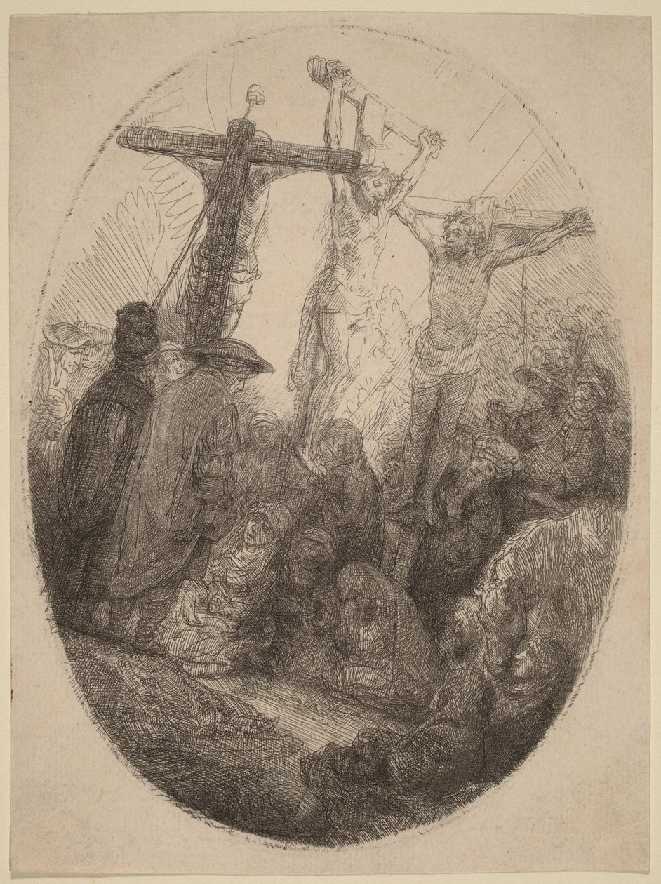 Ristiinnaulittu Kristus kahden varkaan välissä: soikea lautanen tekijältä Rembrandt van Rijn
