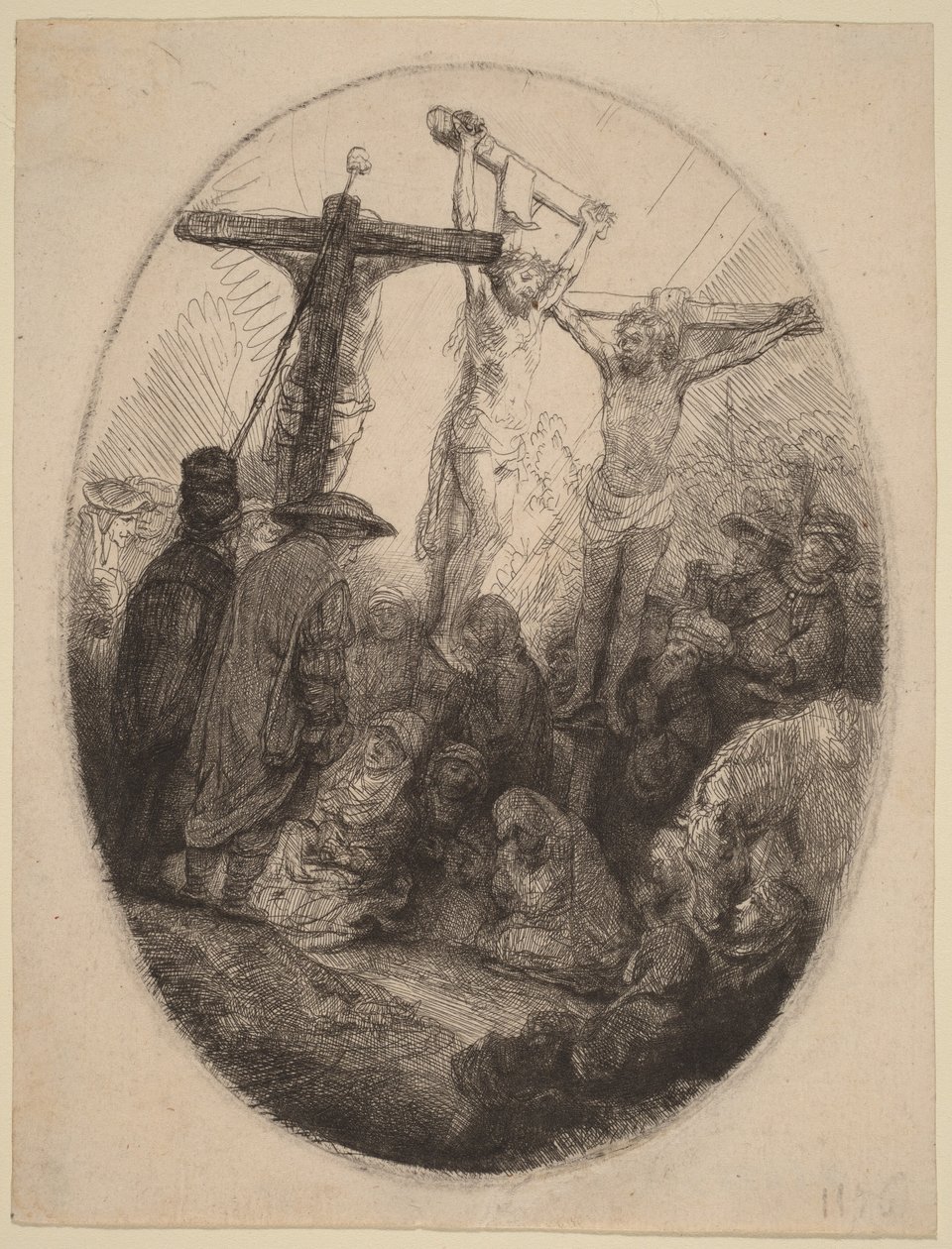 Ristiinnaulittu Kristus kahden varkaan välissä: soikea lautanen tekijältä Rembrandt van Rijn