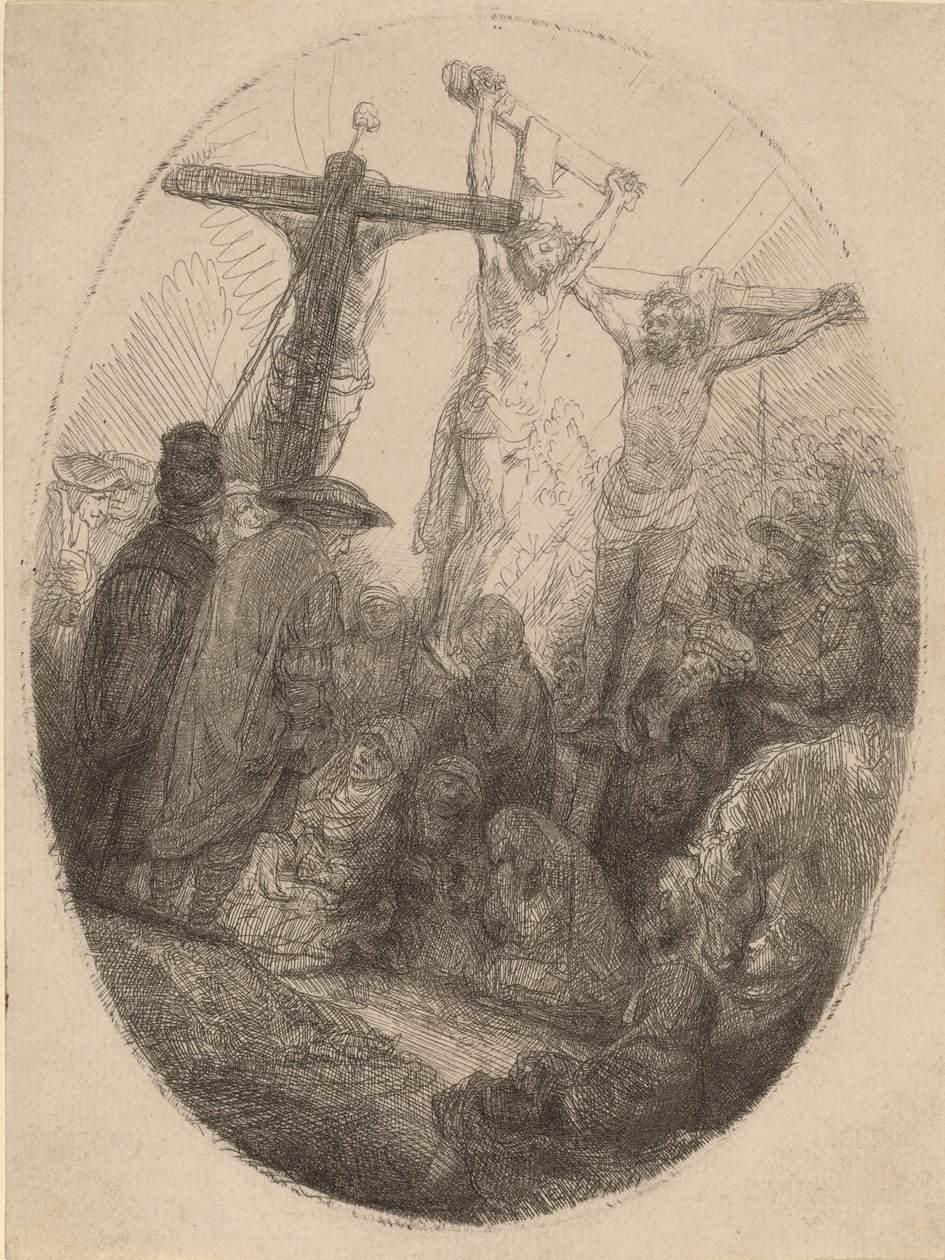 Kristus ristiinnaulittu kahden varkaan väliin: soikea lautanen, n. 1641. tekijältä Rembrandt van Rijn