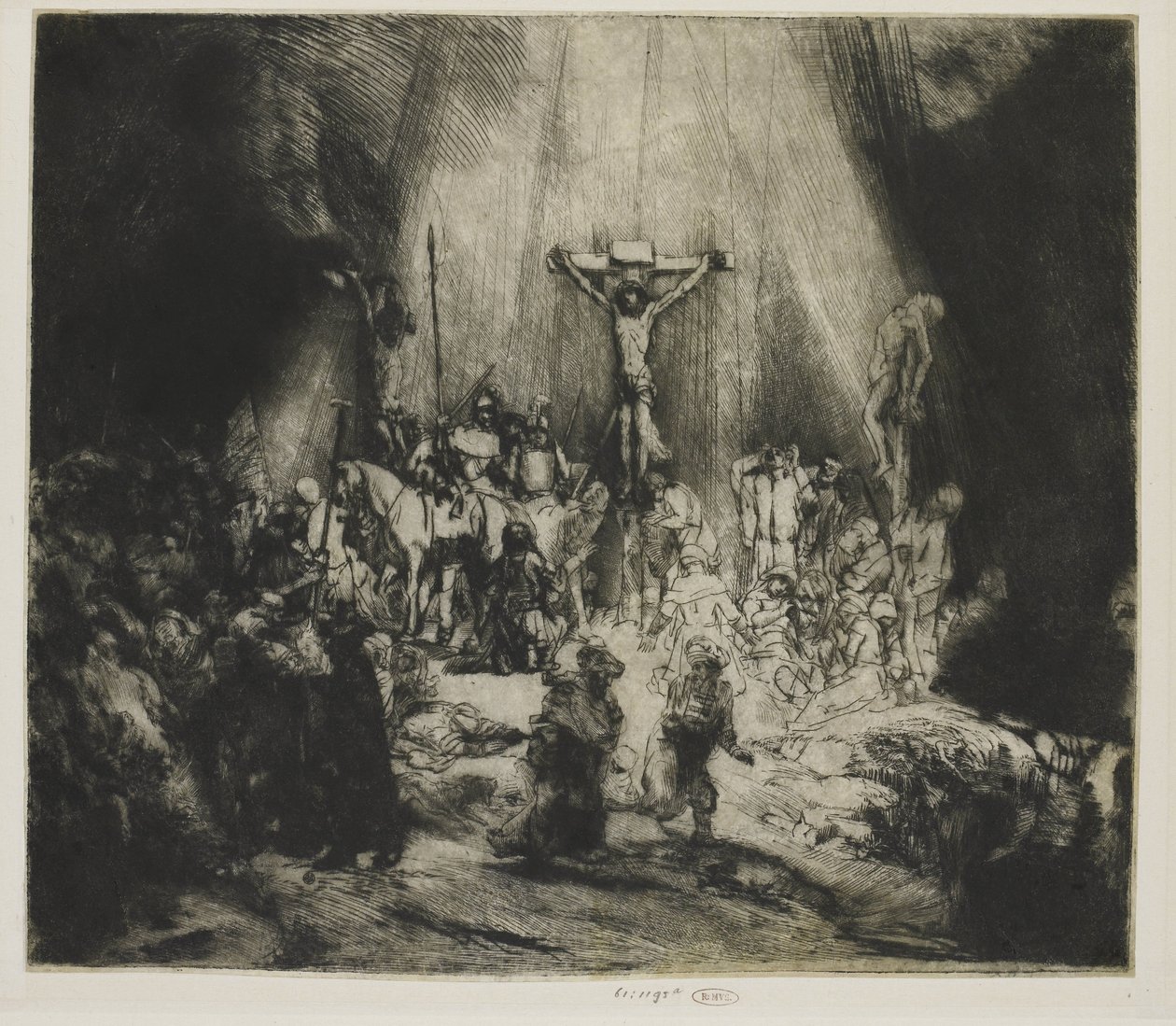 Kristus ristiinnaulittu kahden varkaan väliin: "Kolme ristiä" tekijältä Rembrandt van Rijn