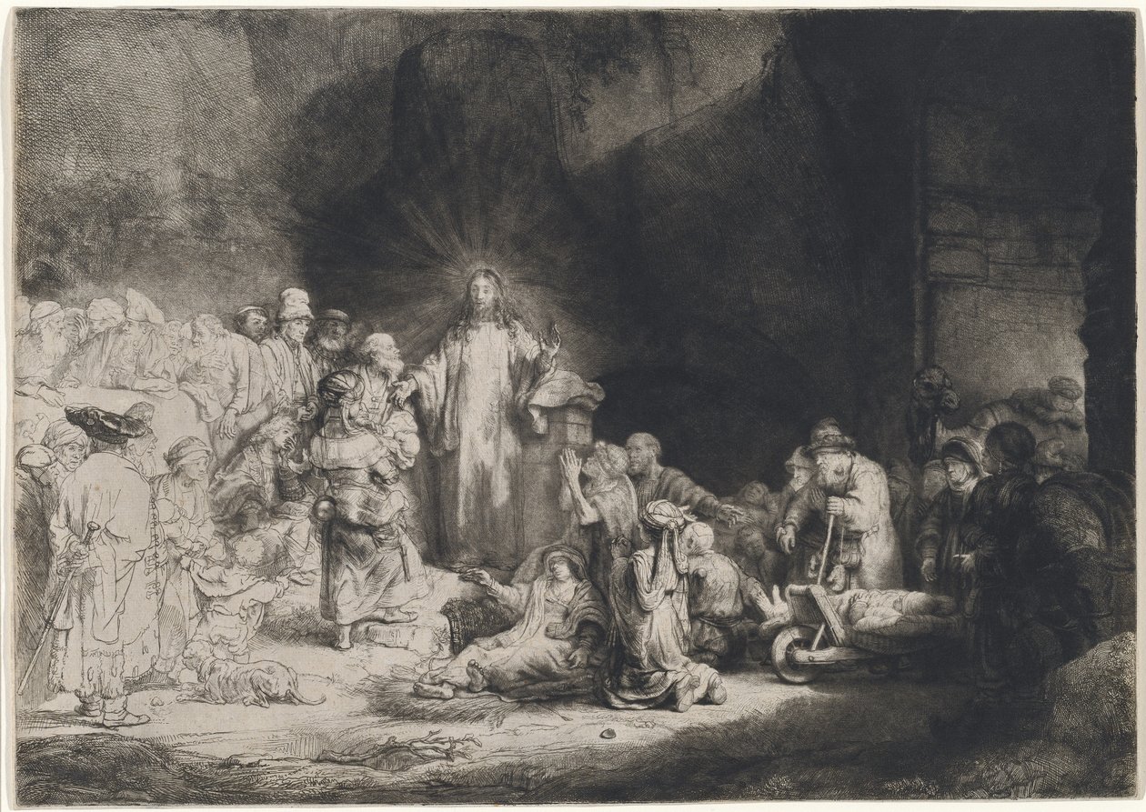 Kristus saarnaa (Sadan guldenin printti) tekijältä Rembrandt van Rijn