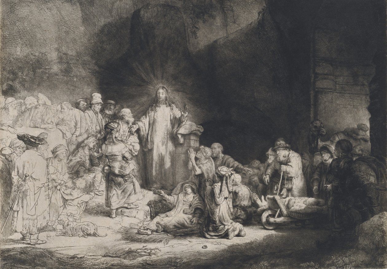 Kristus saarnaa sadan guldenin vedos, n. 16431649. tekijältä Rembrandt van Rijn