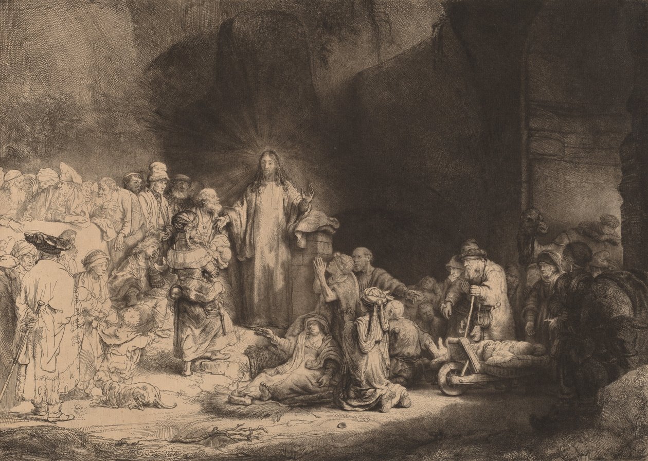 Kristus saarnaa sadan guldenin vedos, n. 1649. tekijältä Rembrandt van Rijn