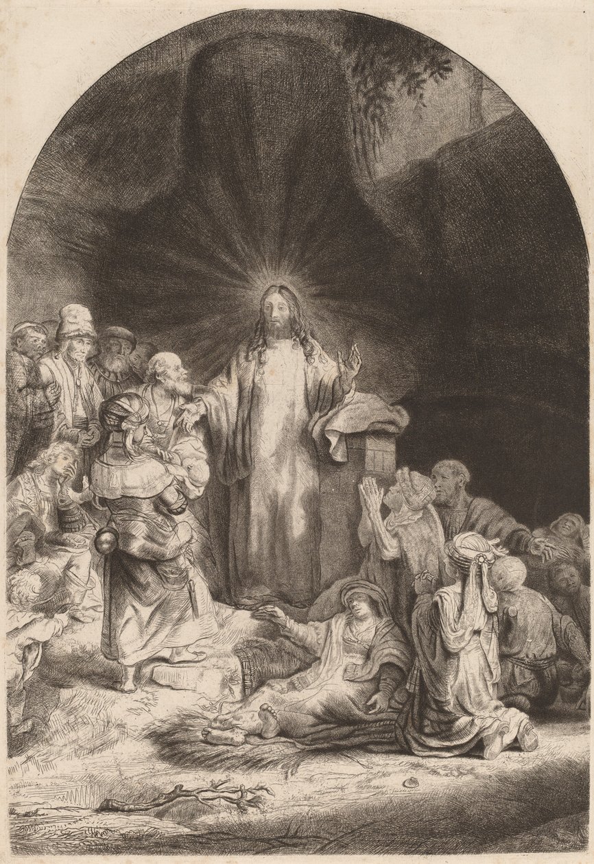 Kristuksen saarnaamista ja parantamista koskeva fragmentti sadan guldenin vedosta, n. 1649. tekijältä Rembrandt van Rijn