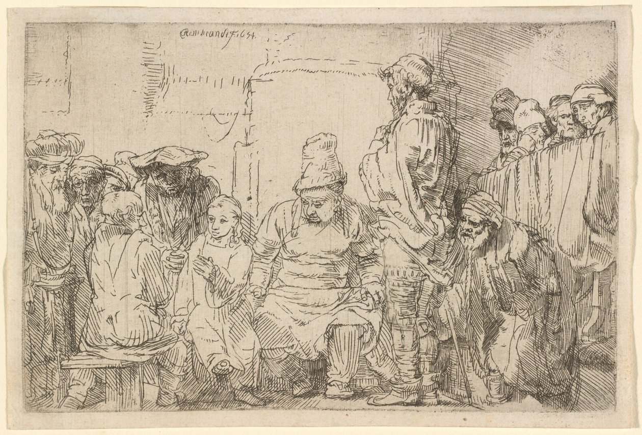 Istuva Kristus keskustelemassa oppineiden kanssa tekijältä Rembrandt van Rijn