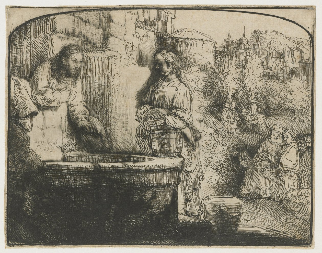 Kristus ja Samarian nainen Kristus ja Samarialainen nainen: kaareva printti tekijältä Rembrandt van Rijn