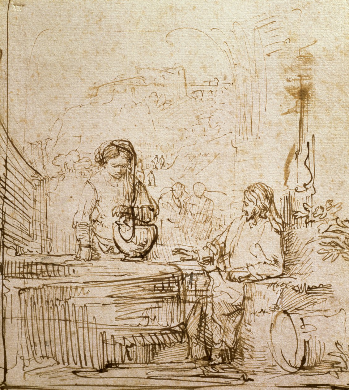 Kristus ja Samarialainen nainen (kynä ja ruskea muste paperille) tekijältä Rembrandt van Rijn