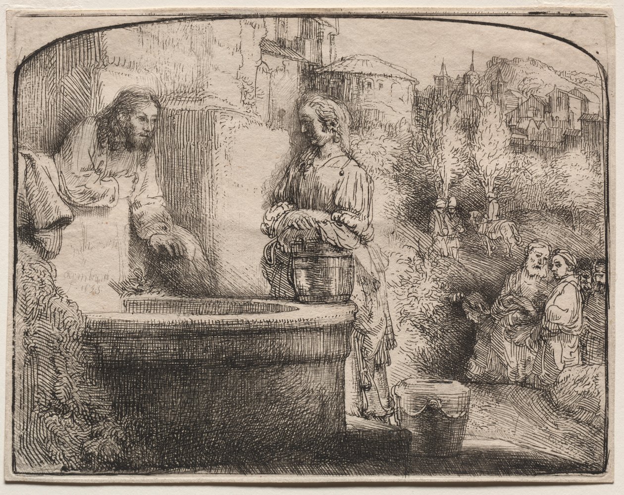 Kristus ja Samarialainen nainen: Kaareva vedos tekijältä Rembrandt van Rijn