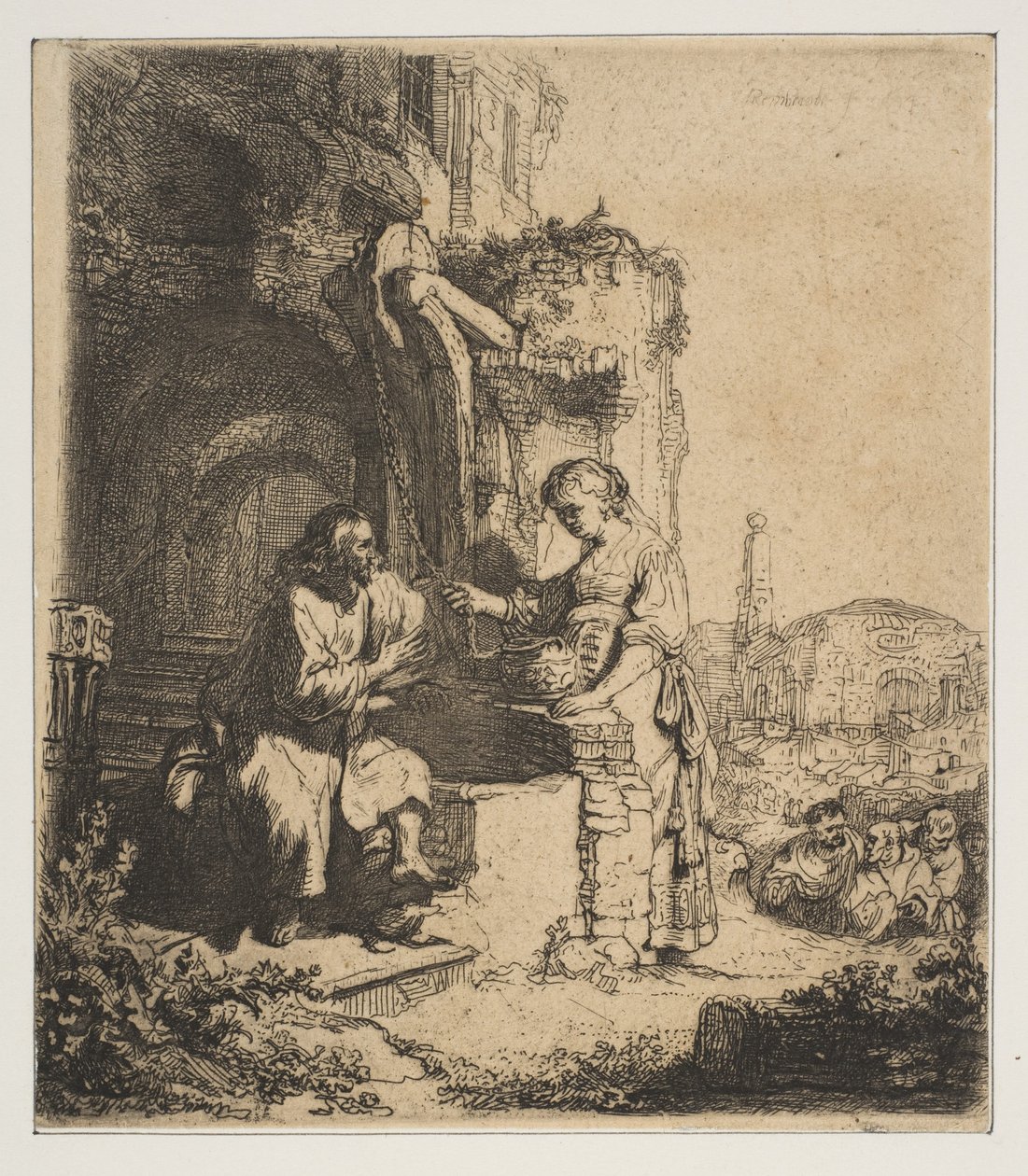 Kristus ja Samarian nainen raunioiden keskellä. tekijältä Rembrandt van Rijn