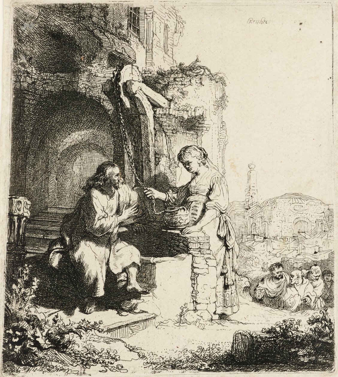 Kristus ja Samarian nainen raunioiden keskellä [Joh. 4:5-20], 1634. tekijältä Rembrandt van Rijn