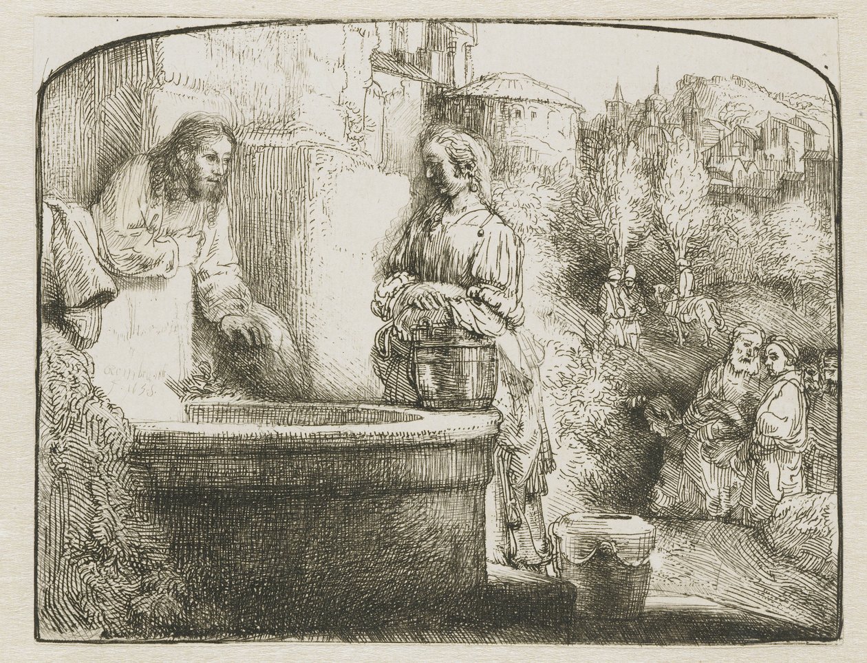 Kristus ja samarialainen nainen: kaareva printti tekijältä Rembrandt van Rijn