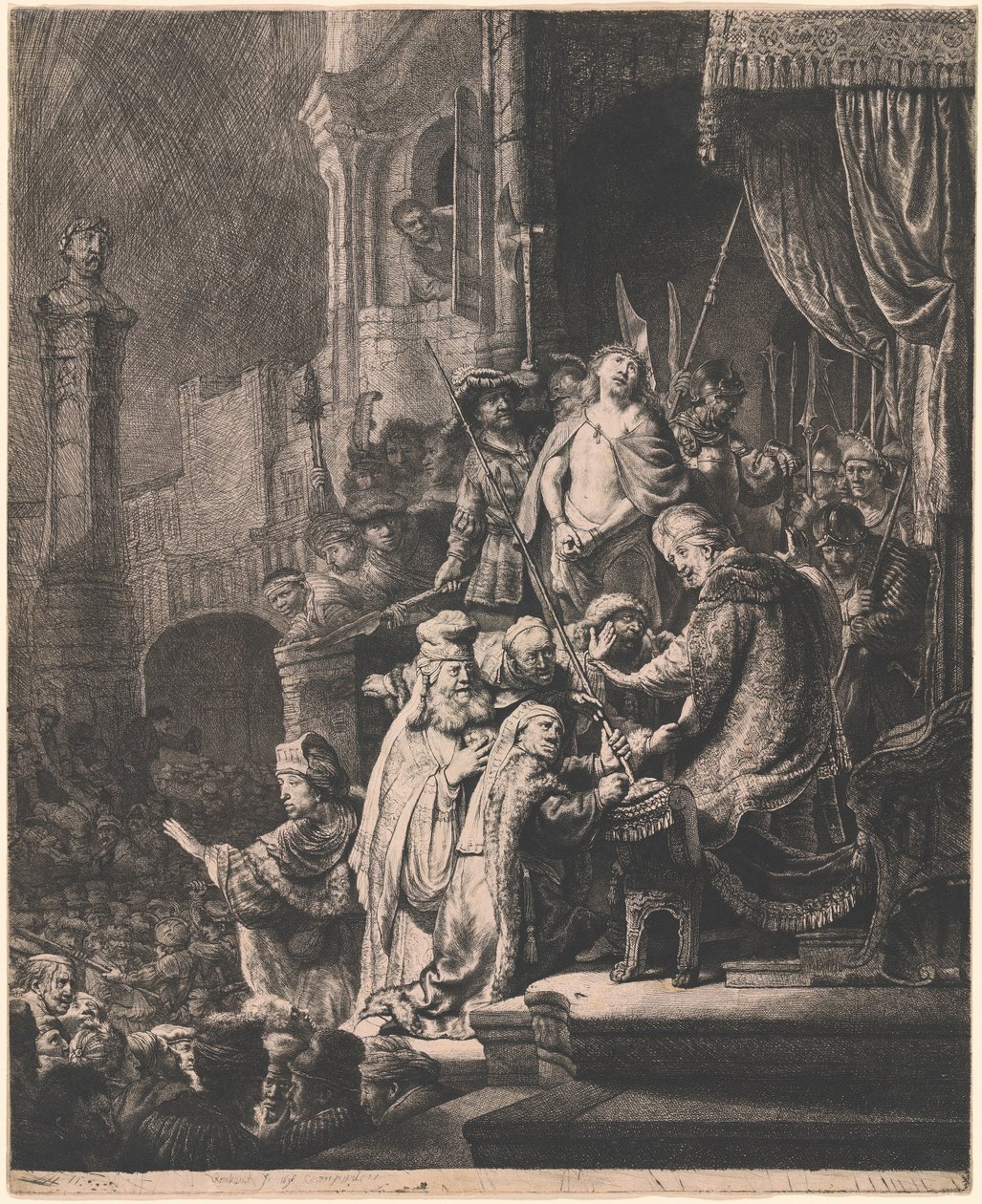 Kristus Pilatuksen edessä: suuri taulu tekijältä Rembrandt van Rijn