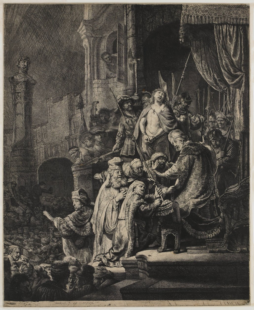 Kristus Pilatuksen edessä: iso lautanen tekijältä Rembrandt van Rijn